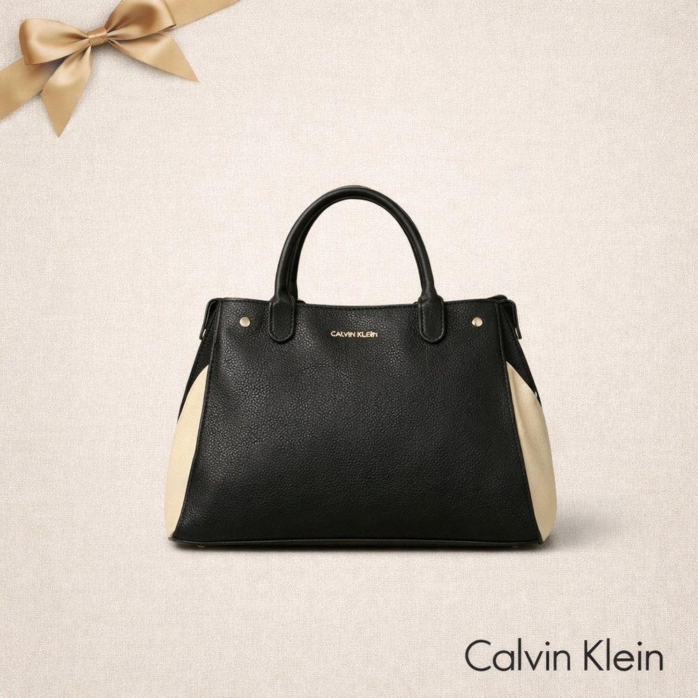 Calvin Klein Medium Pebbled Leather Black White Satchel